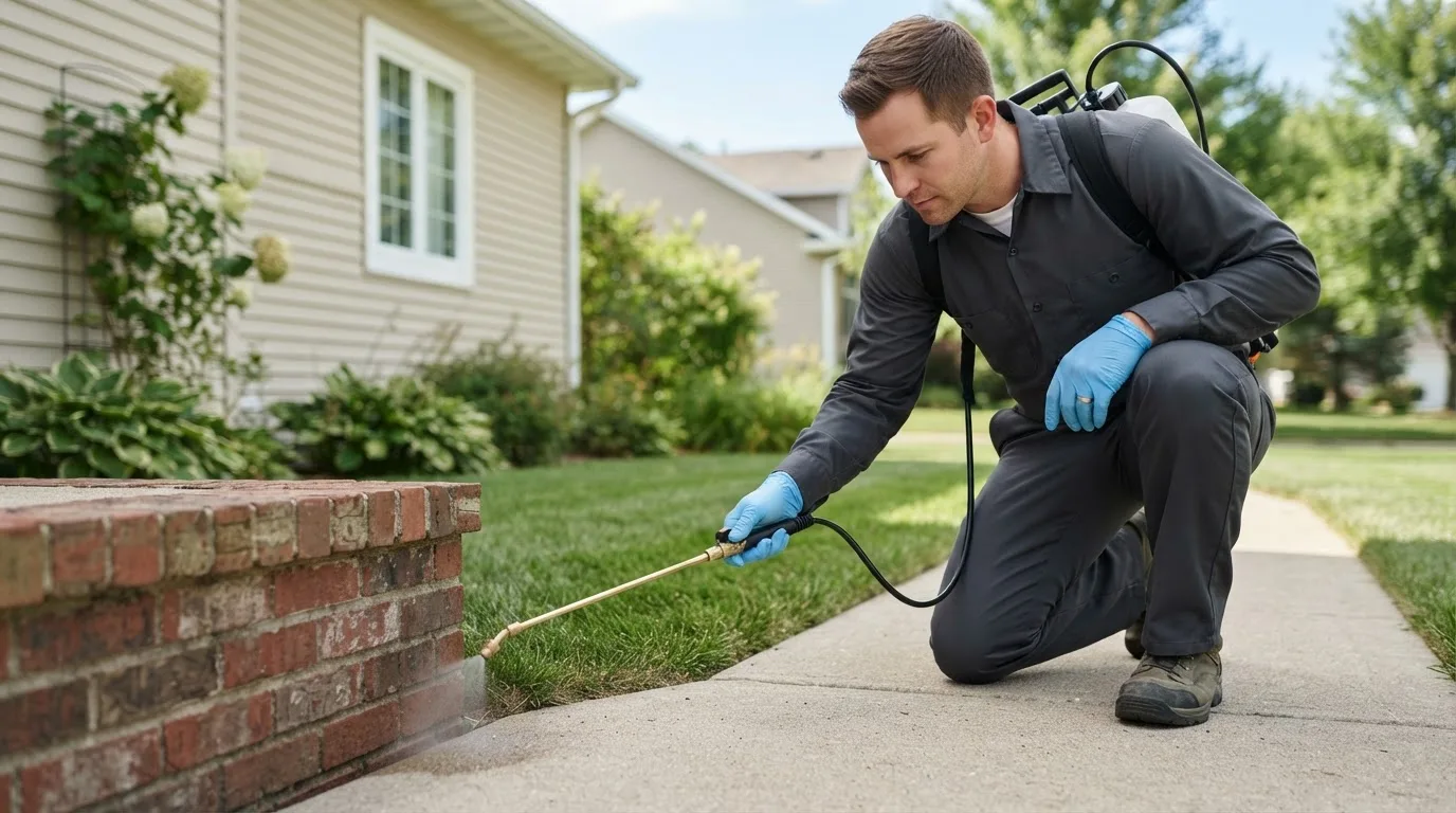Pest control technician treating a home near Levittown, PA